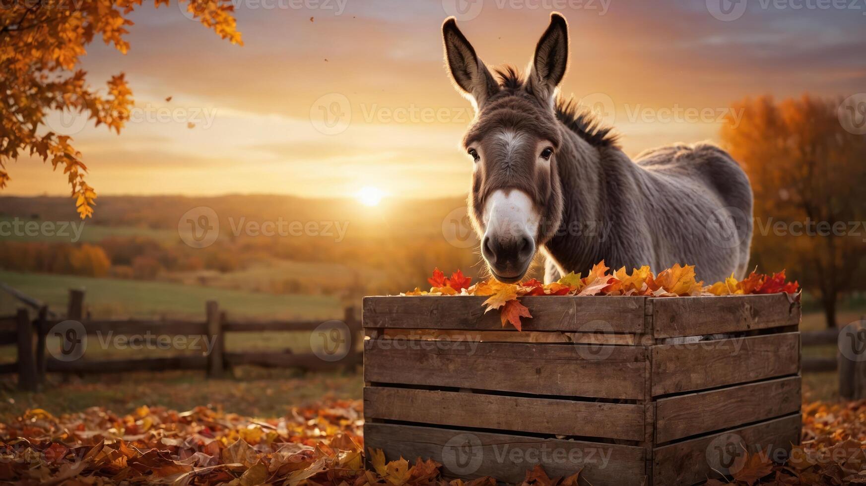 A donkey stands by a wooden crate filled with autumn leaves during a sunset. photo
