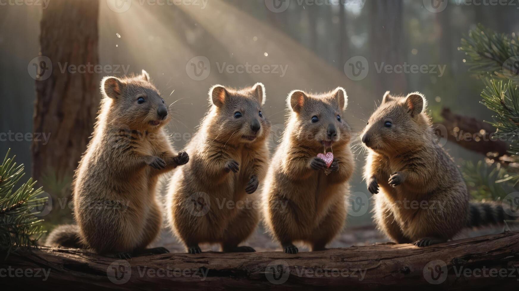 Four adorable quokkas standing together in a forest, illuminated by soft sunlight. photo