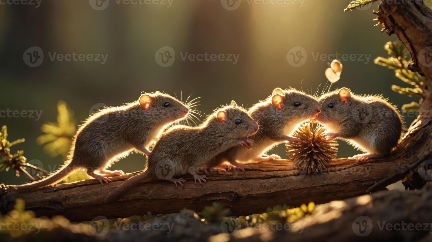 A group of small mammals gathered around a pine cone in a sunlit forest setting. photo