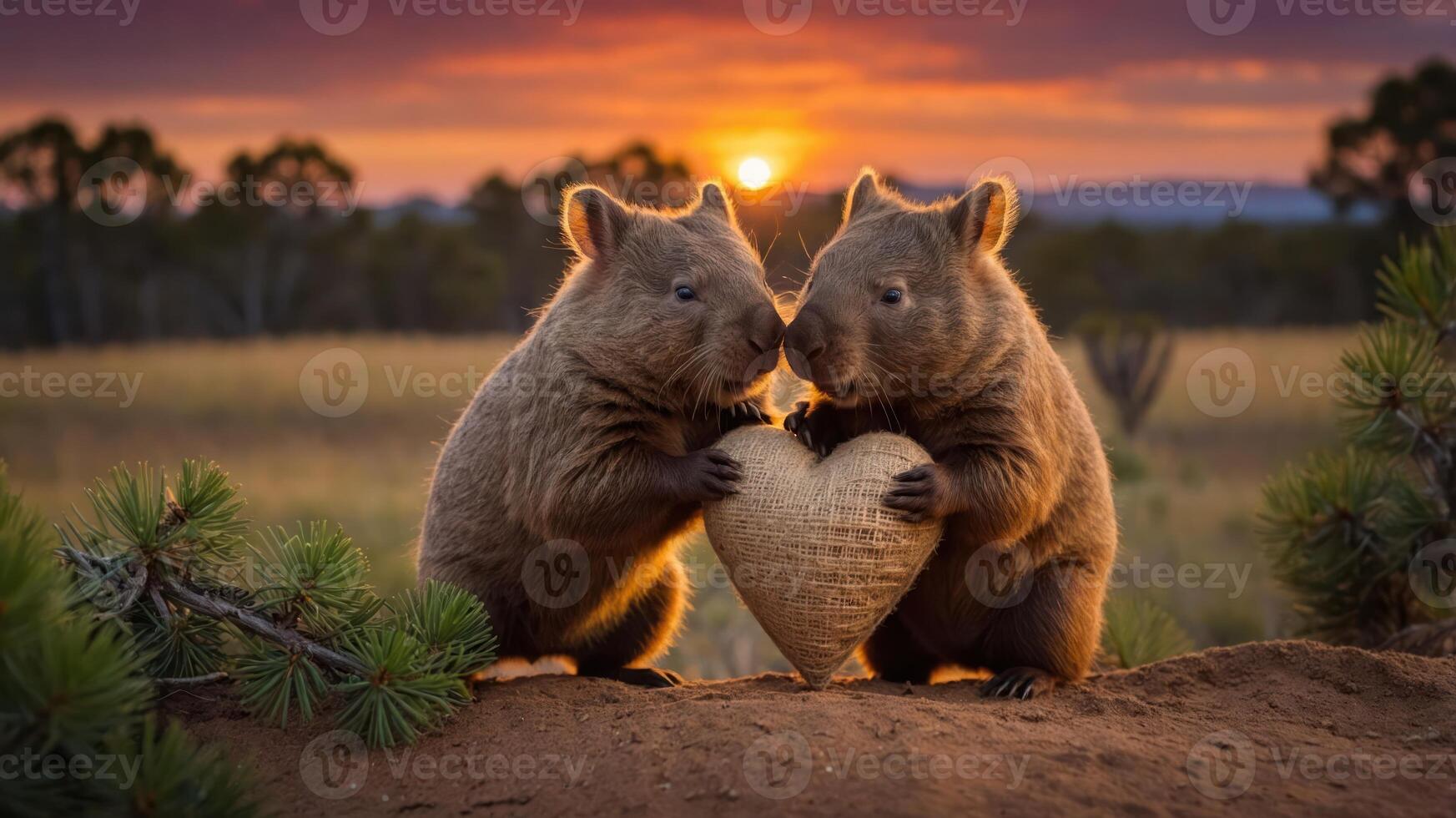 Two wombats holding a heart-shaped object at sunset, symbolizing love and companionship. photo