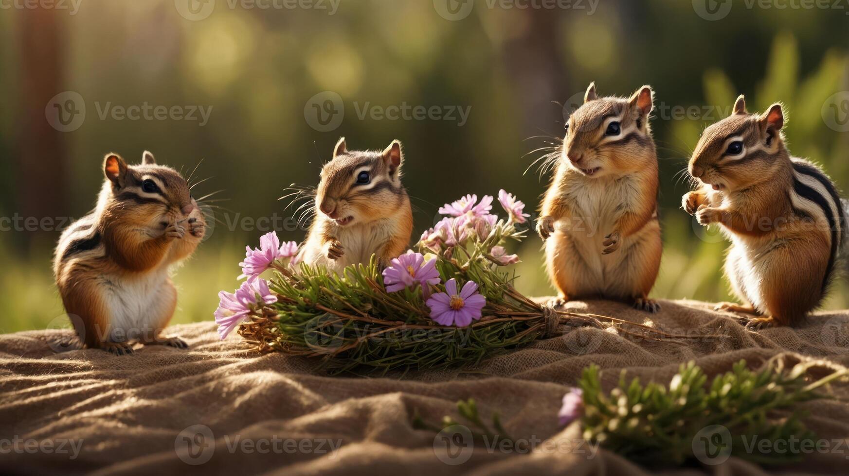 Four chipmunks gathered around flowers in a serene outdoor setting. photo