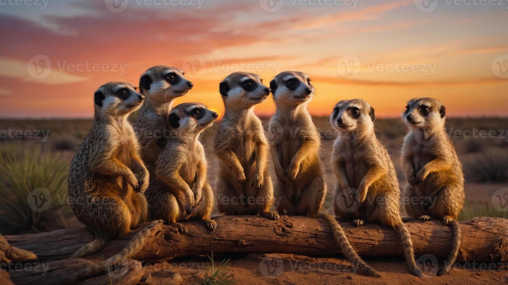 A group of meerkats standing together on a log during sunset in a desert landscape. photo