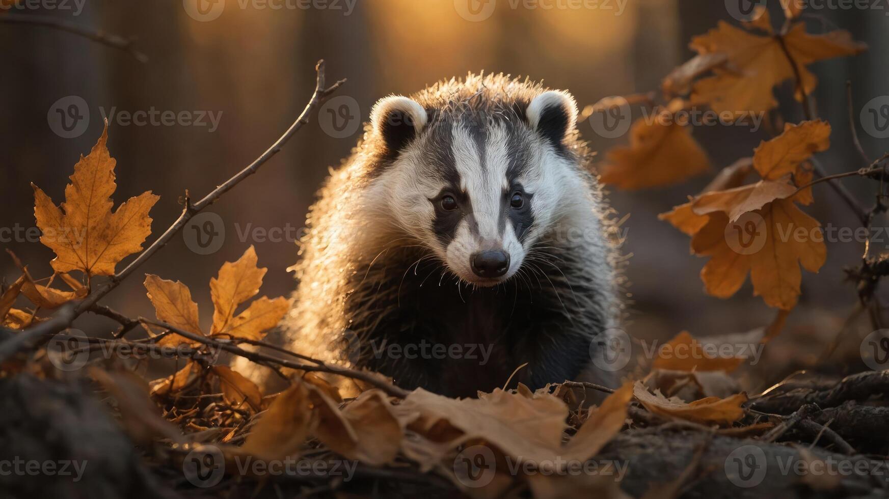 A badger among autumn leaves in a serene forest setting. photo