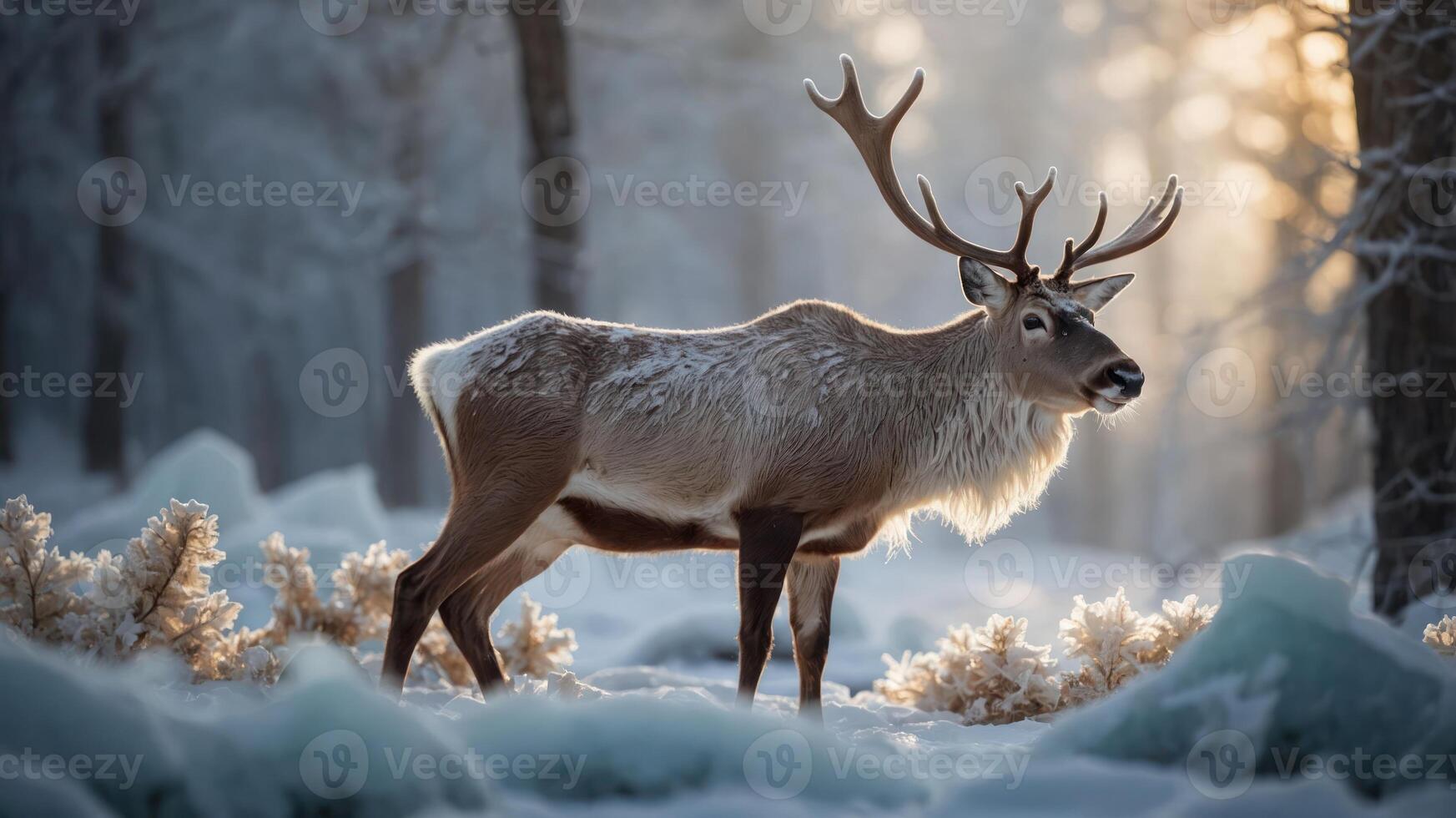 A majestic reindeer stands in a snowy forest, illuminated by soft, golden light. photo