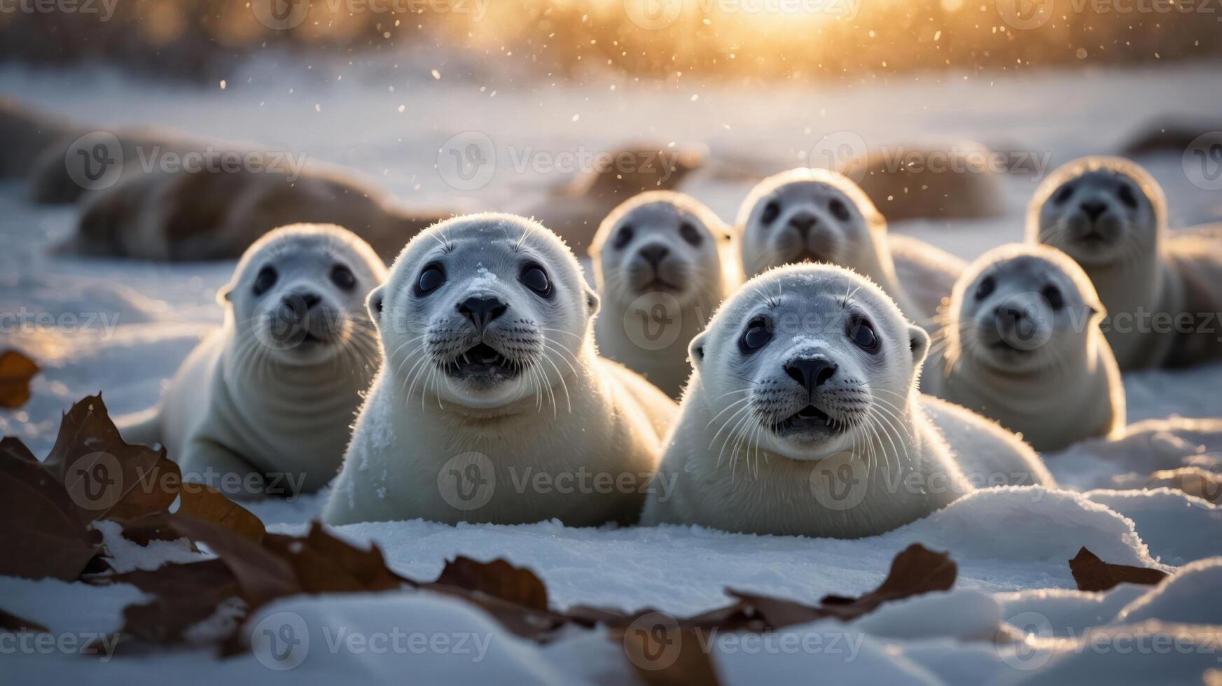 A group of playful seal pups in a snowy landscape during sunset. photo