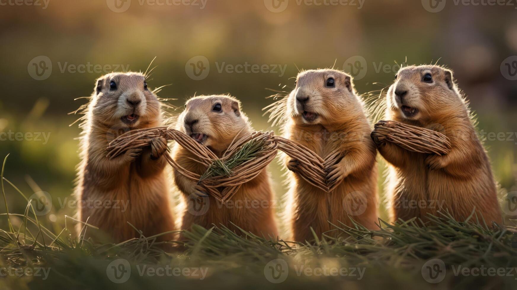 Four prairie dogs standing together, holding twigs in a grassy field during golden hour. photo