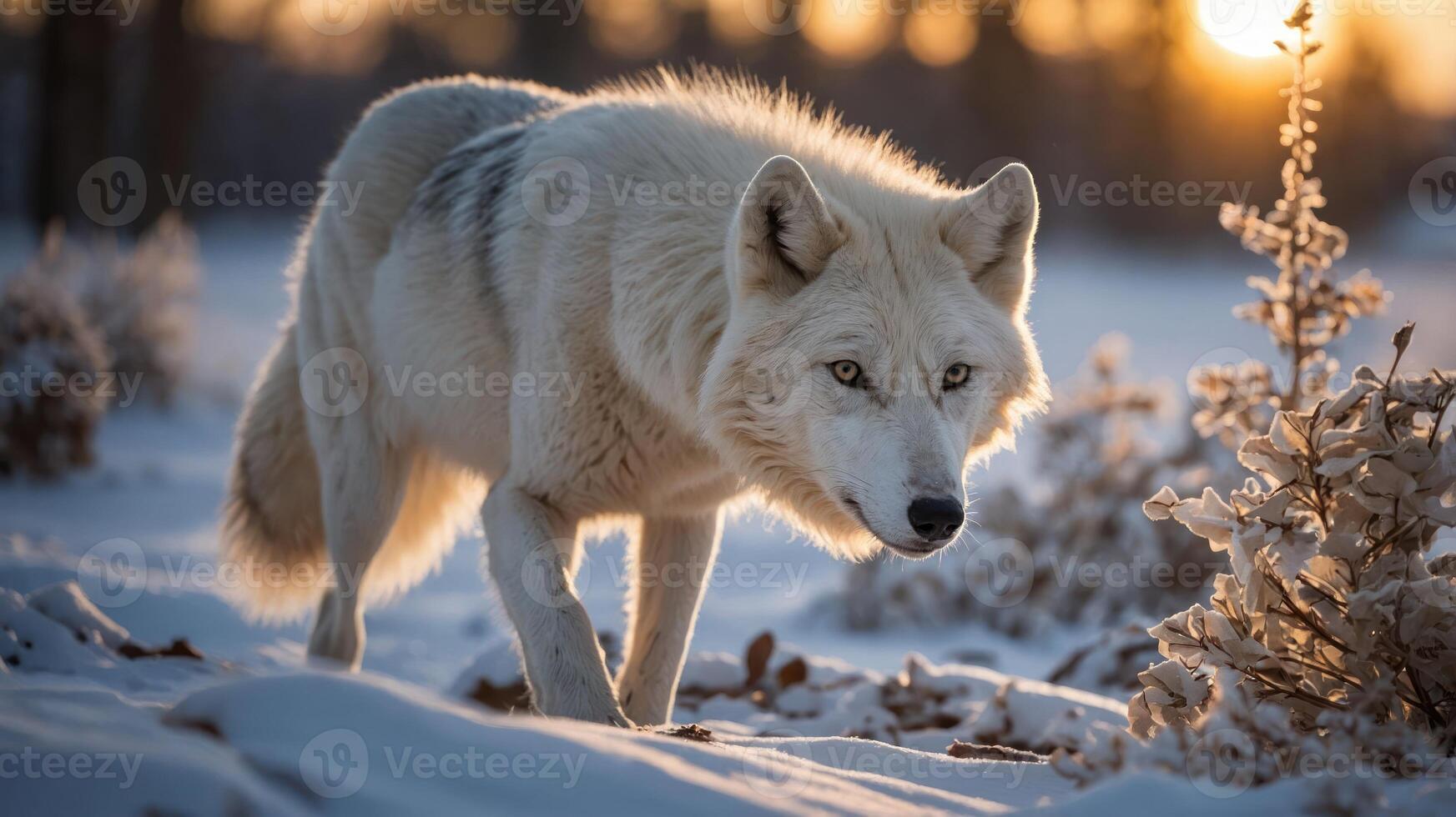 A majestic white wolf prowls through a snowy landscape at sunset. photo