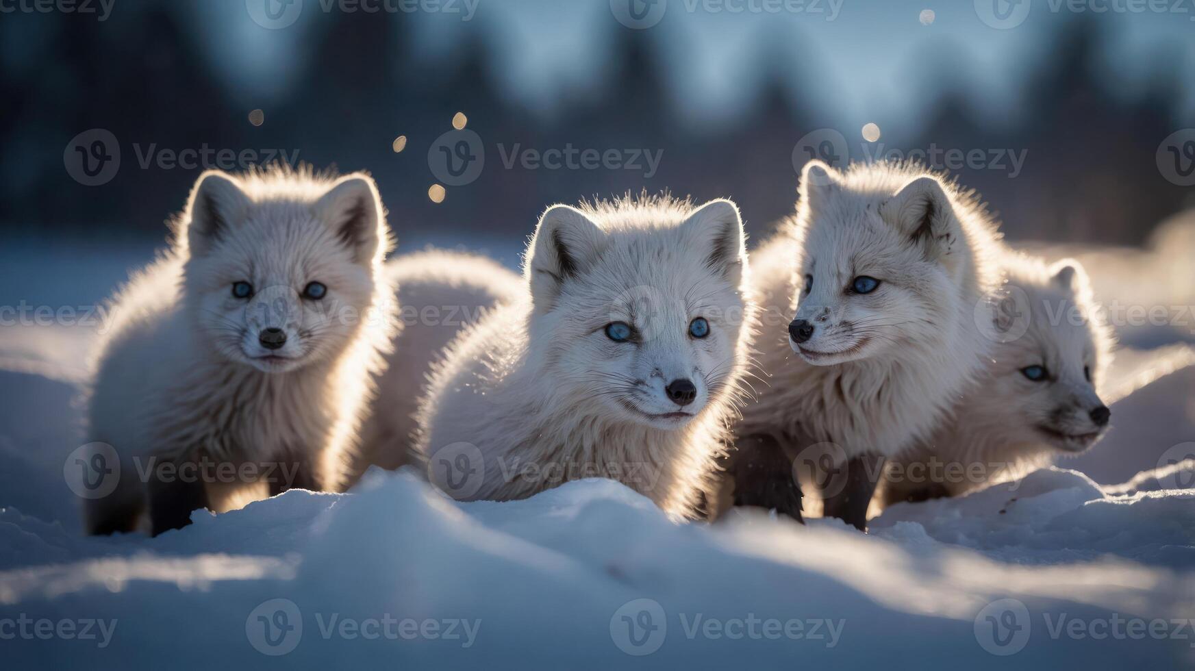 Four arctic fox cubs play in a snowy landscape, showcasing their playful nature and beauty. photo