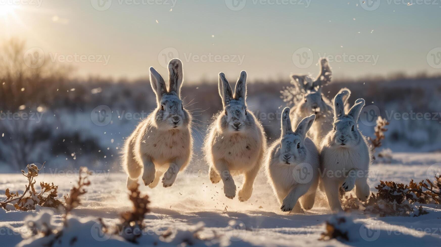 A group of hares running through a snowy landscape during sunset. photo