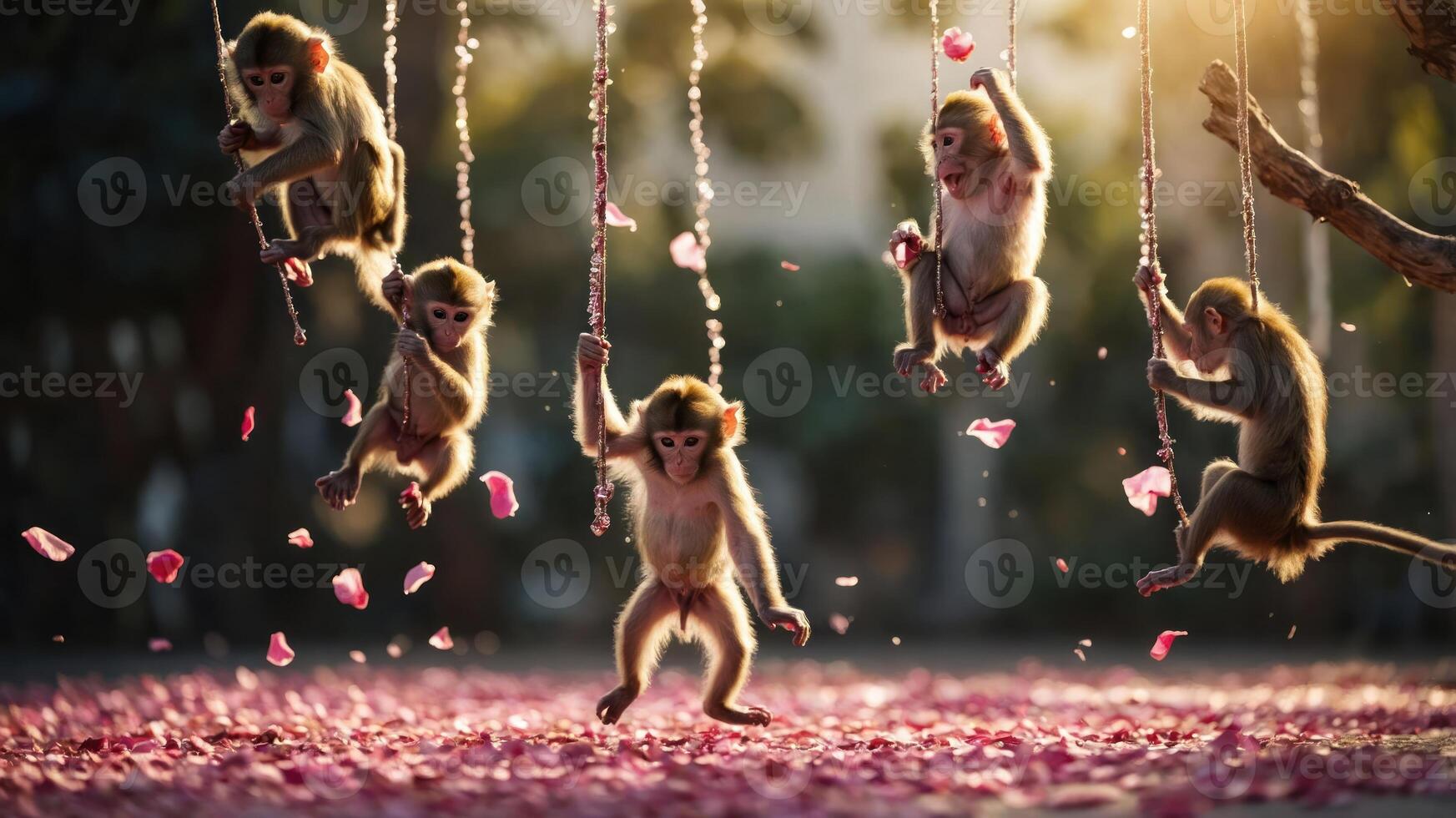 Five playful monkeys swinging on ropes amidst falling flower petals in a serene setting. photo