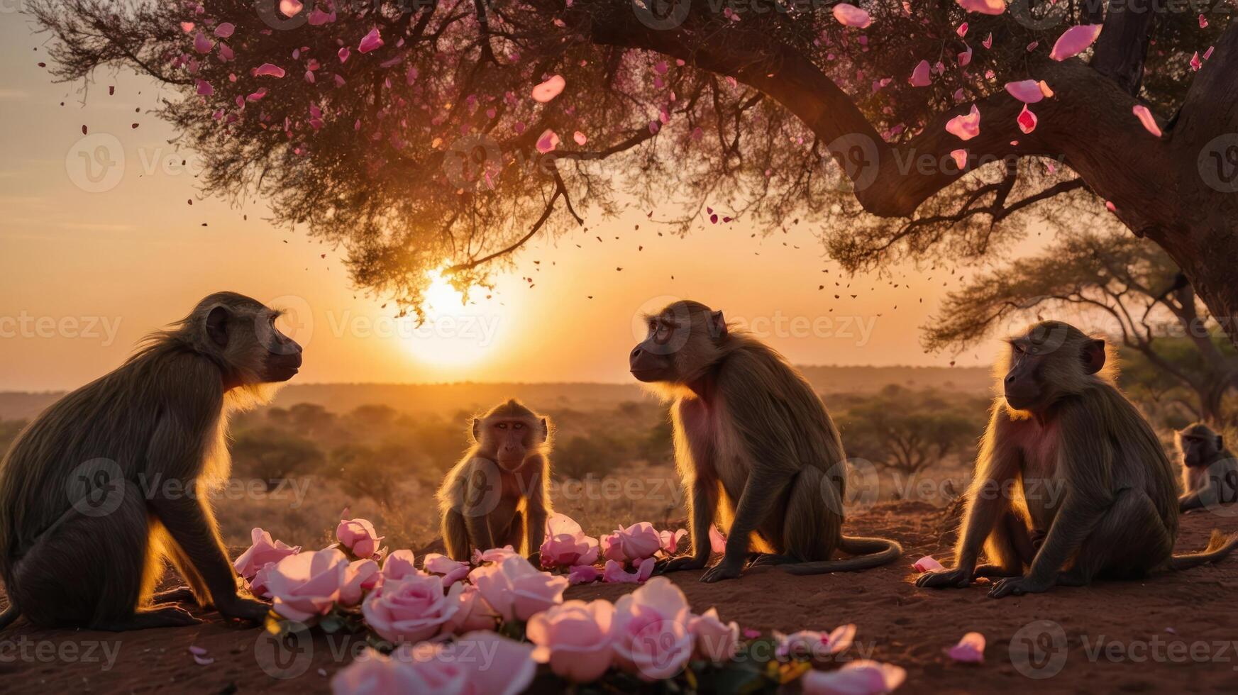 Baboons gathered under a tree at sunset, surrounded by pink petals. photo