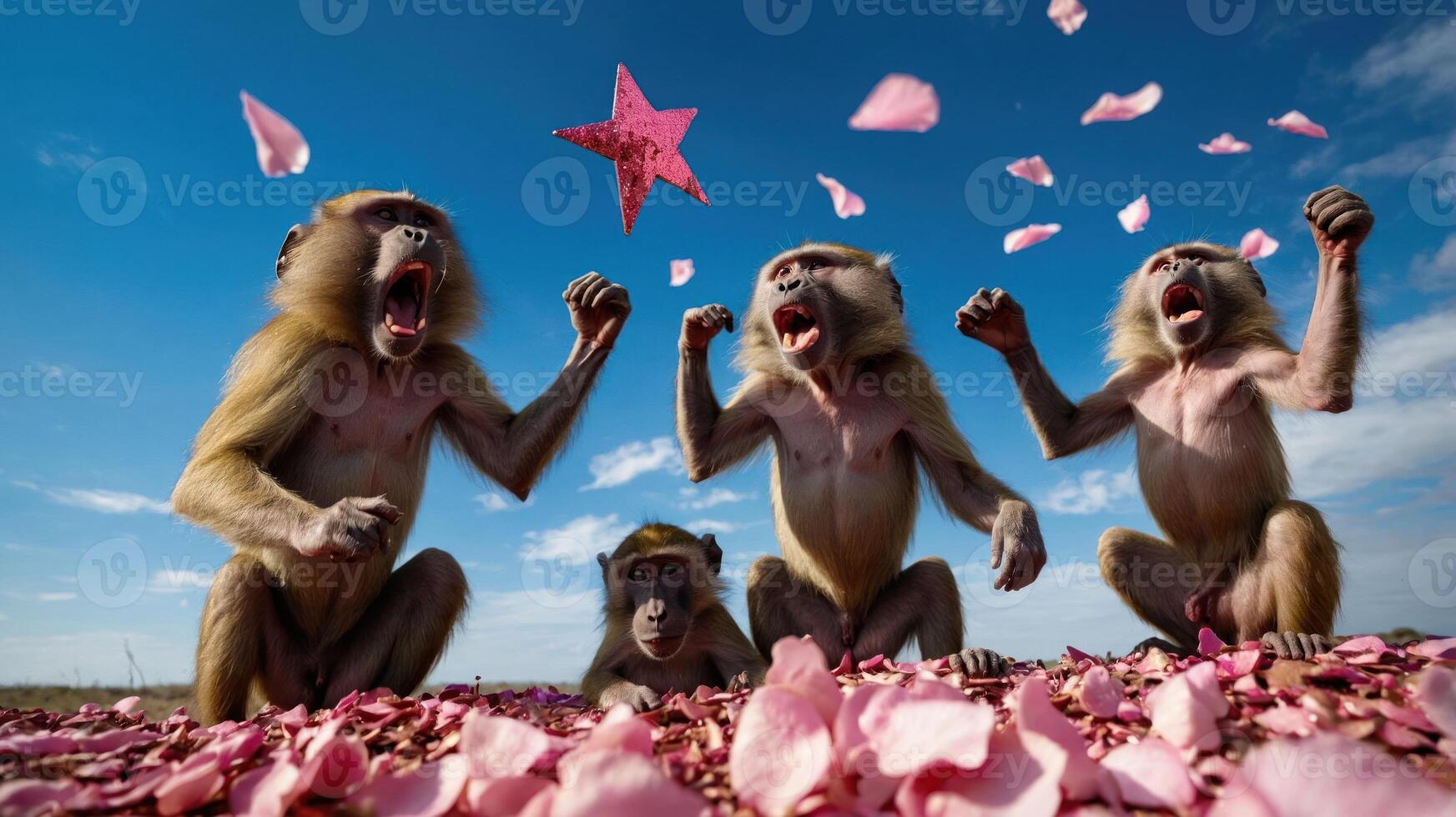 Four monkeys interacting with a pink star and flower petals under a blue sky. photo