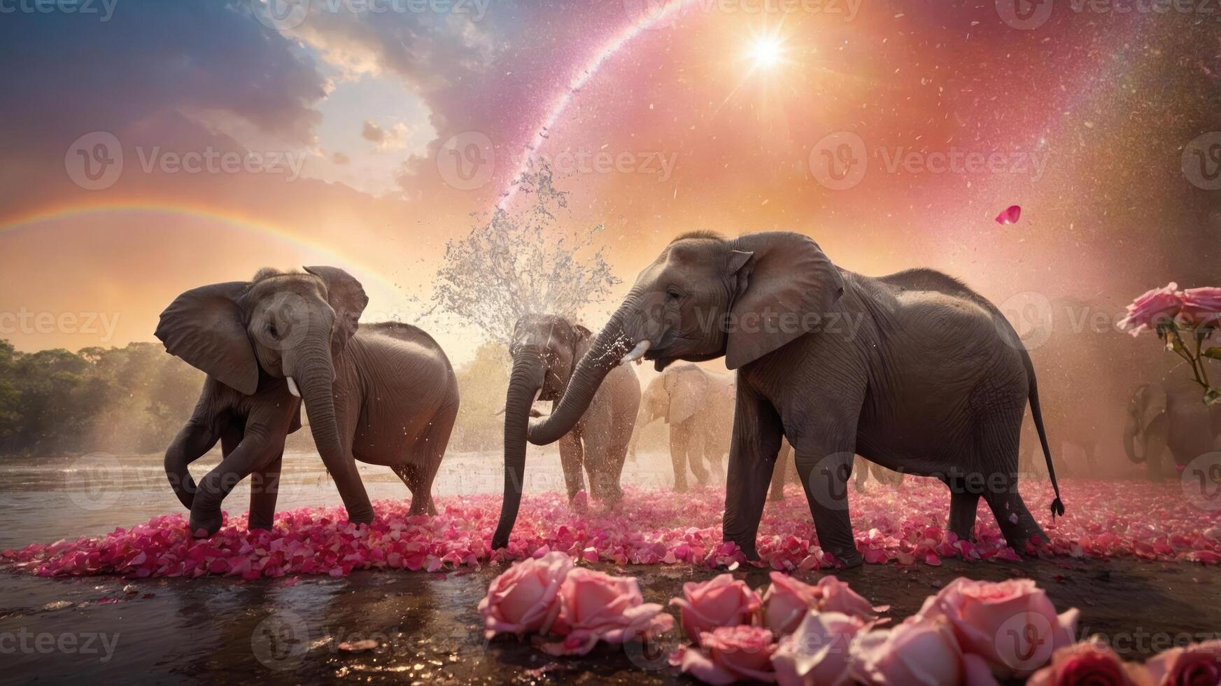 A serene scene of elephants playing in water surrounded by roses and a vibrant sky. photo