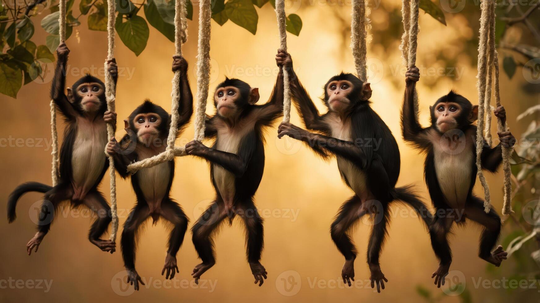 Five monkeys hanging on ropes in a natural setting, showcasing playful behavior. photo