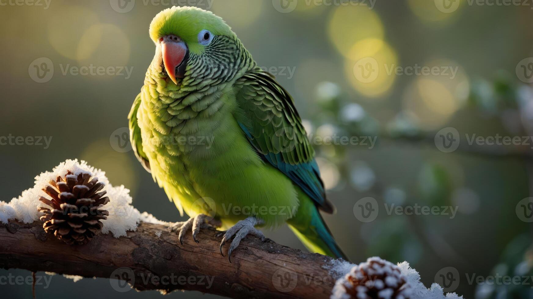 A vibrant green parakeet perched on a snowy branch with pine cones in a soft-focus background. photo