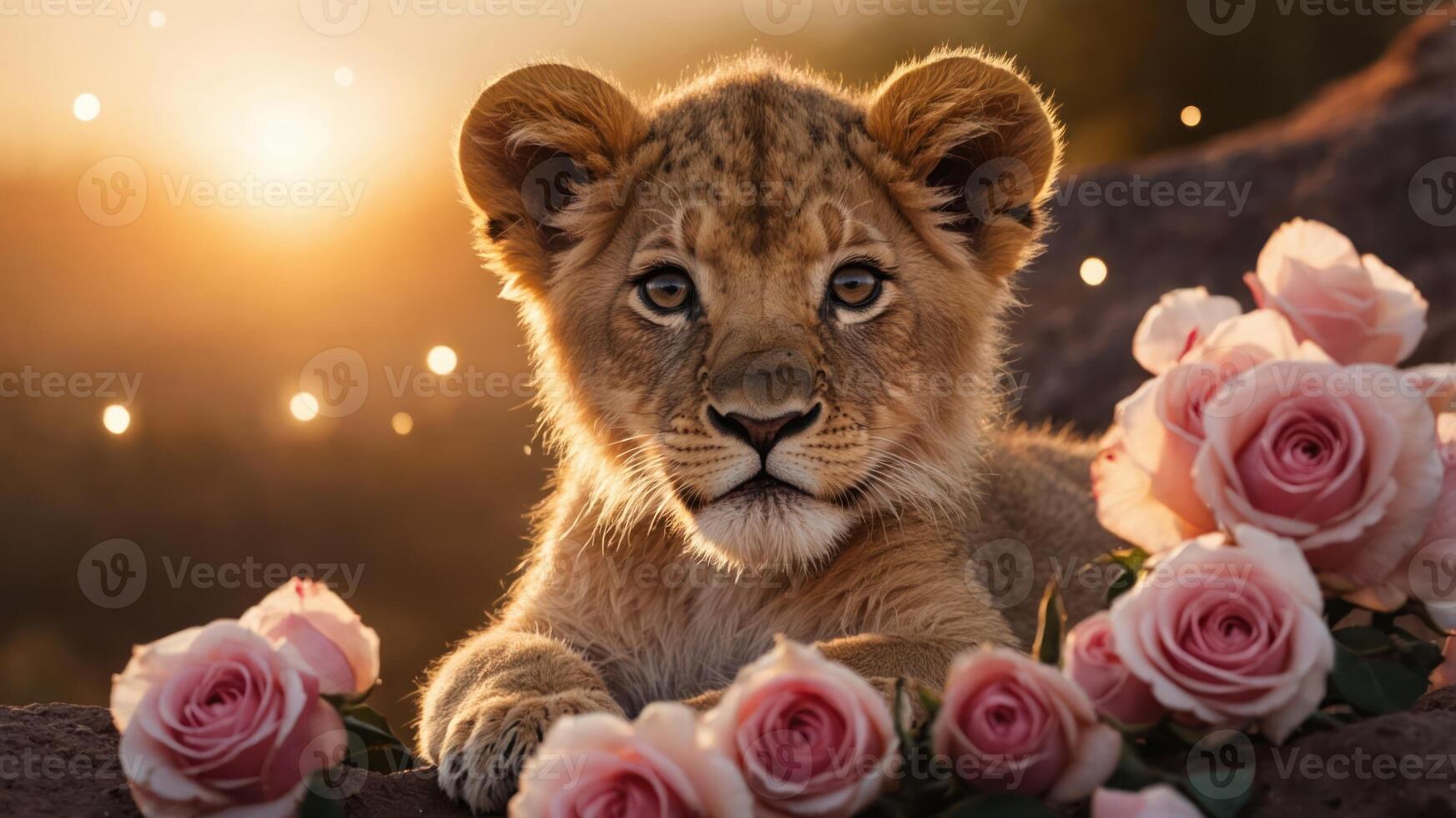 A young lion cub surrounded by pink roses at sunset, evoking beauty and tranquility. photo