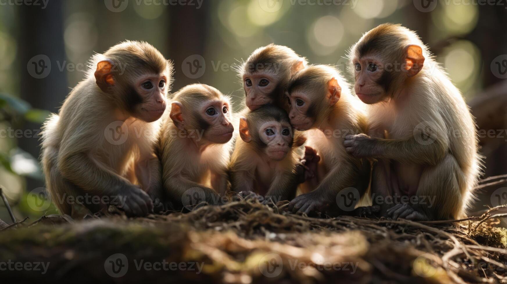 A group of six young monkeys gathered together in a natural forest setting. photo