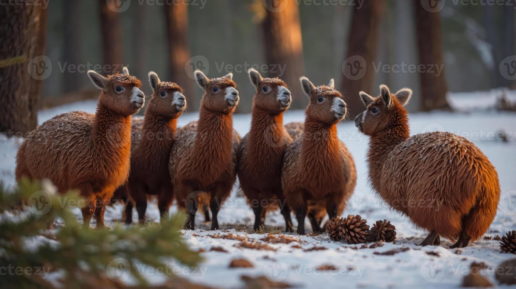 A group of six fluffy animals stands in a snowy forest, surrounded by pine trees. photo