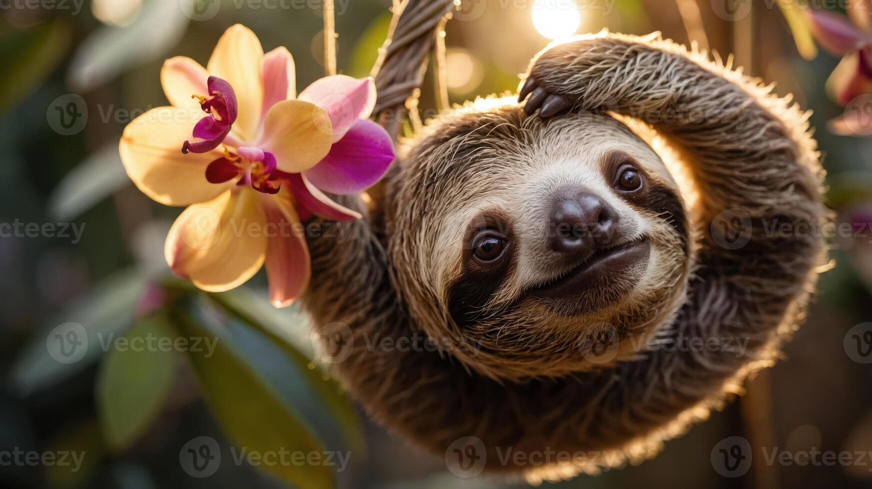 A sloth hanging from a branch, surrounded by colorful orchids in a natural setting. photo
