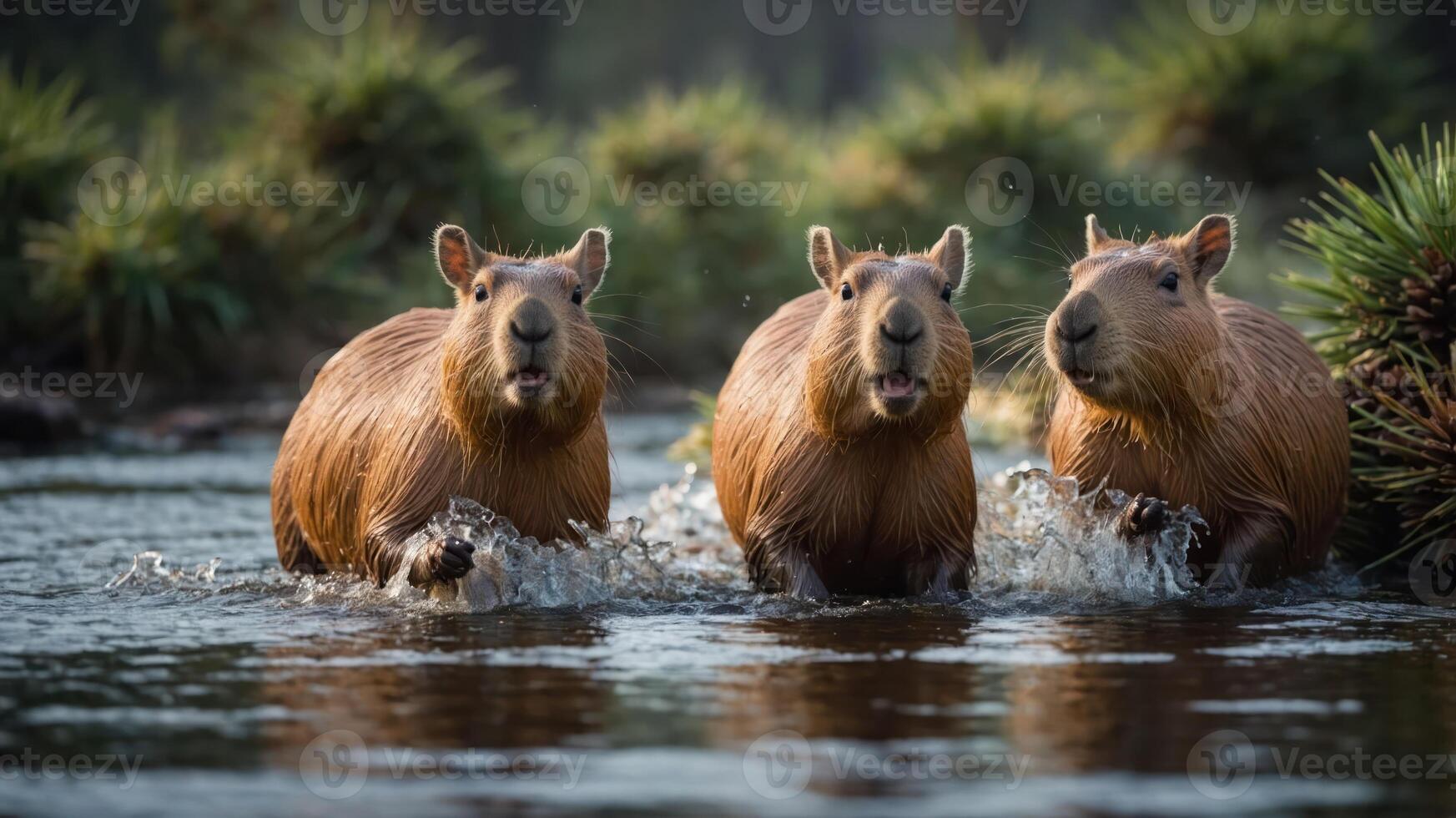 Three capybaras splashing through water in a natural setting. photo