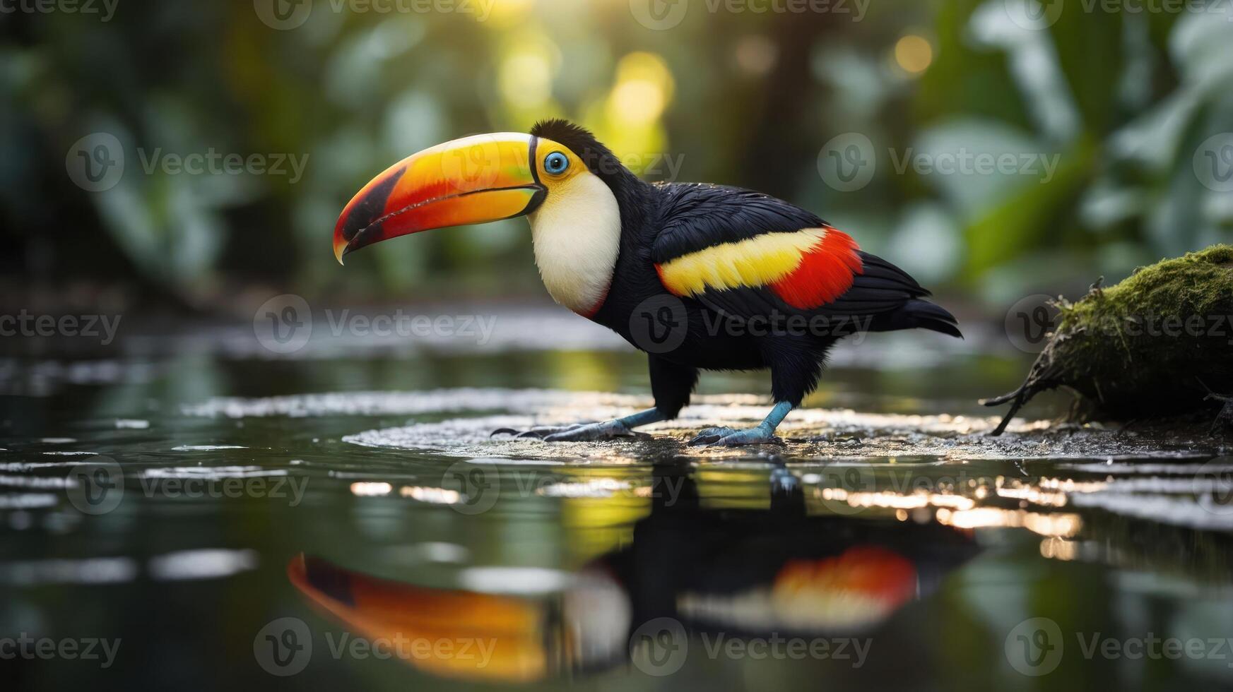 A vibrant toucan stands in shallow water, reflecting its colorful beak in the serene environment. photo