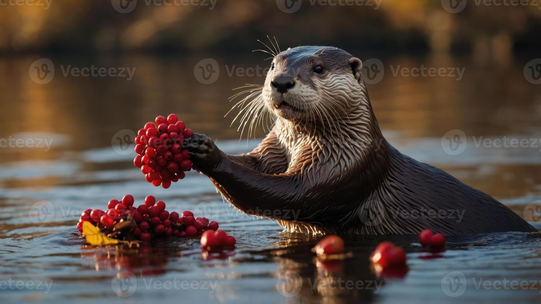 An otter holds a cluster of grapes while surrounded by water and additional grapes nearby. photo