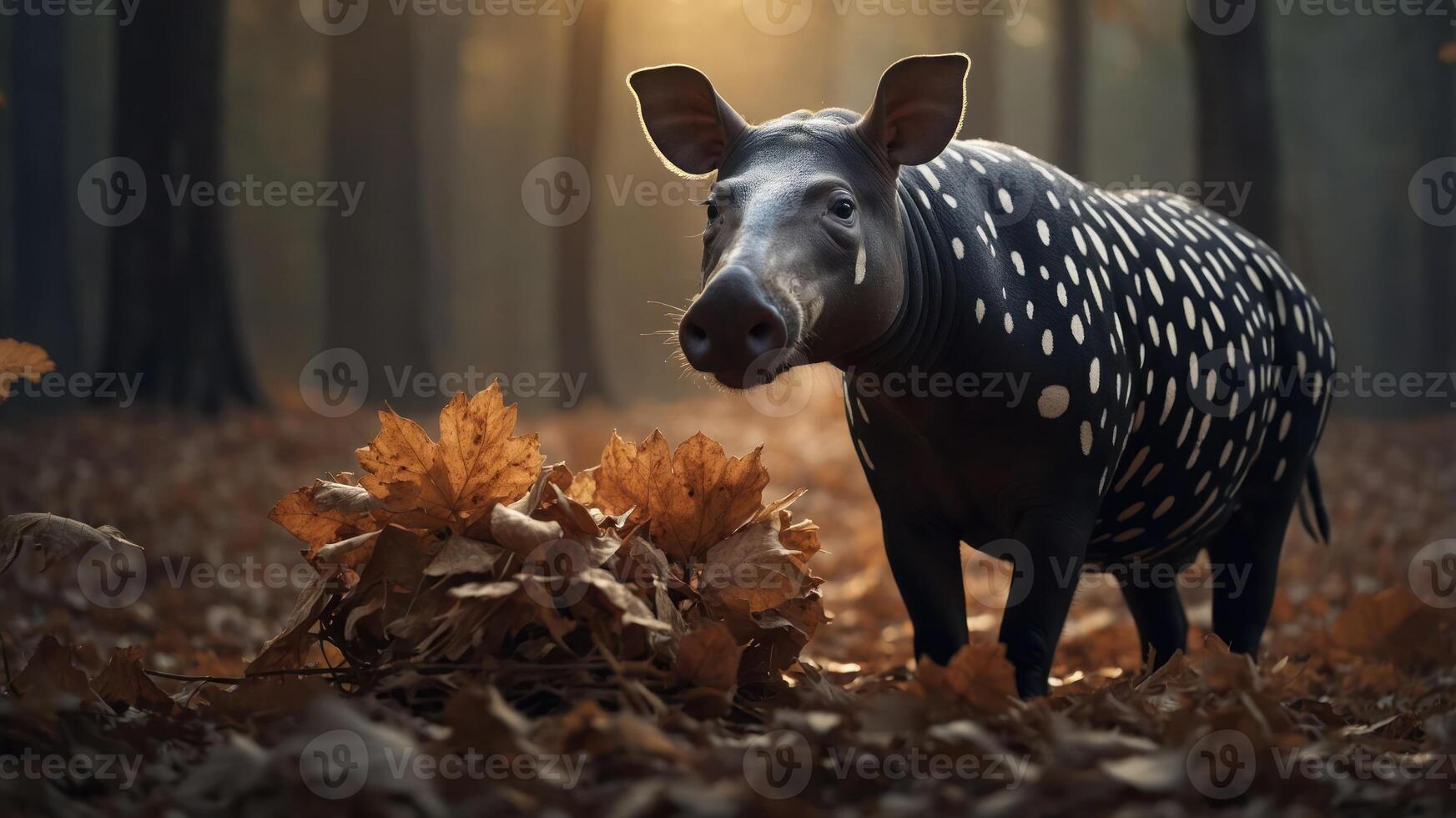 A whimsical animal with polka dots stands in a forest, surrounded by autumn leaves. photo