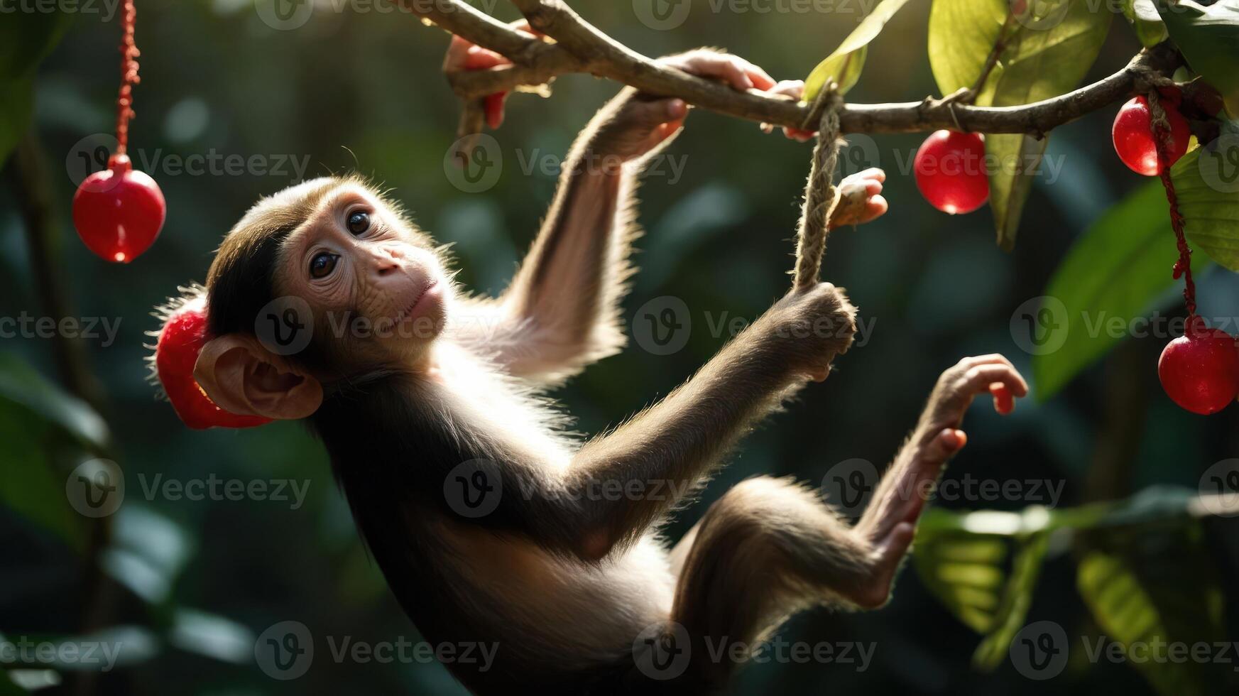 A monkey hanging on a branch surrounded by vibrant foliage and red fruit. photo
