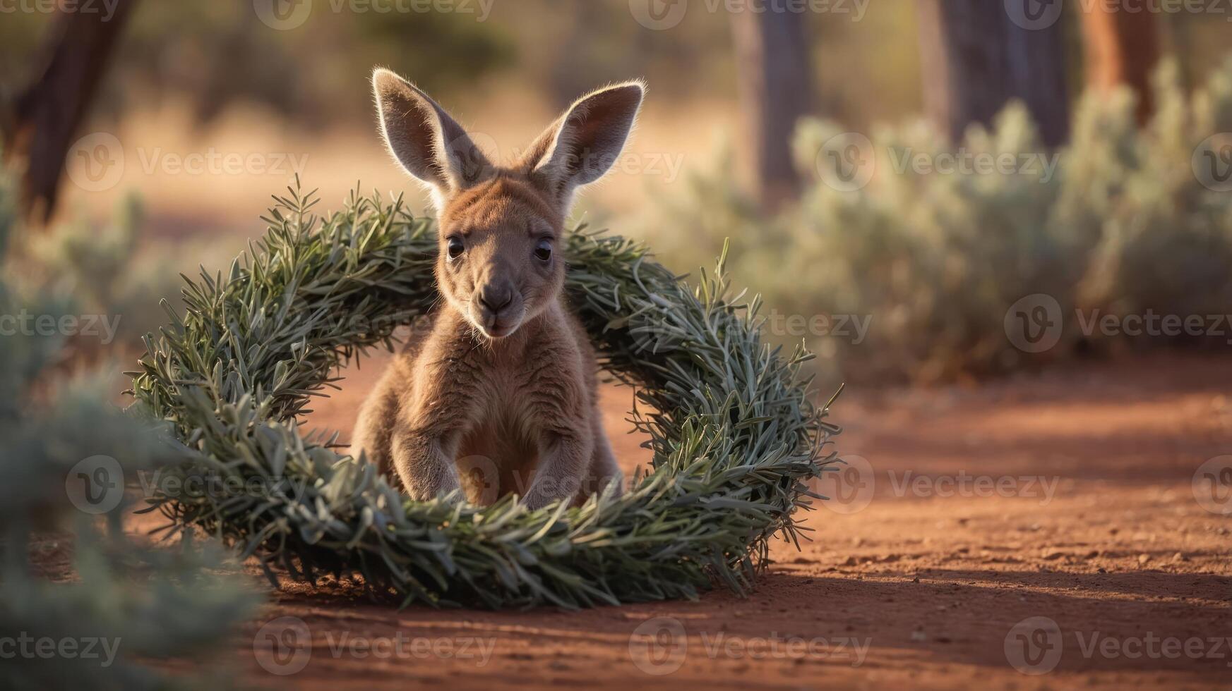 A kangaroo sitting in a green wreath on a dirt path surrounded by trees. photo