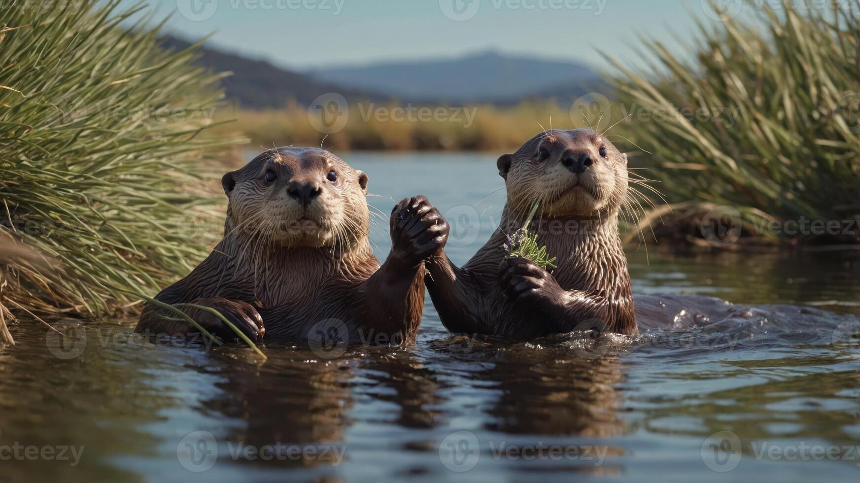 Two playful otters holding hands in a serene water setting surrounded by grass. photo