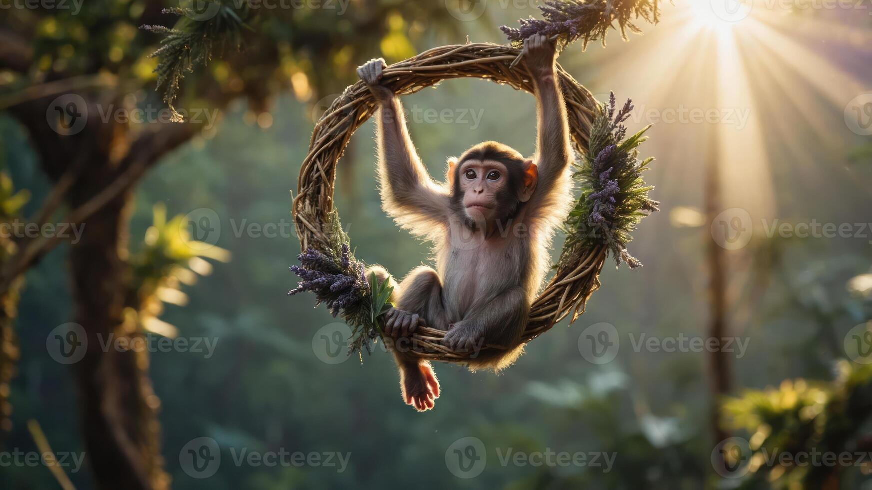 A young monkey playfully hanging from a vine in a sunlit forest setting. photo