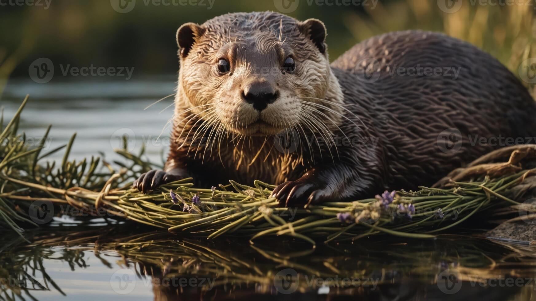 A close-up of an otter resting on greenery by the water's edge. photo