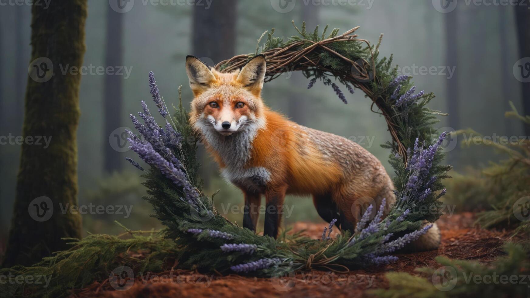 A fox stands gracefully within a floral wreath in a misty forest setting. photo