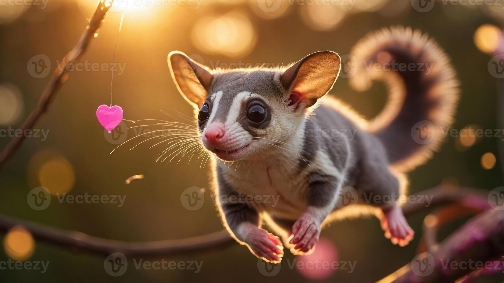 A playful sugar glider leaps towards a heart-shaped ornament, bathed in warm sunlight. photo