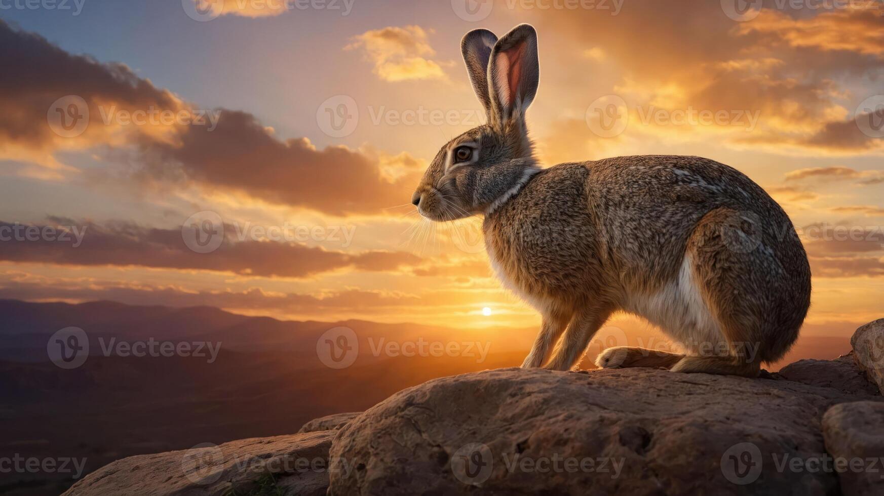 A rabbit perched on a rock against a stunning sunset backdrop, highlighting nature's beauty. photo