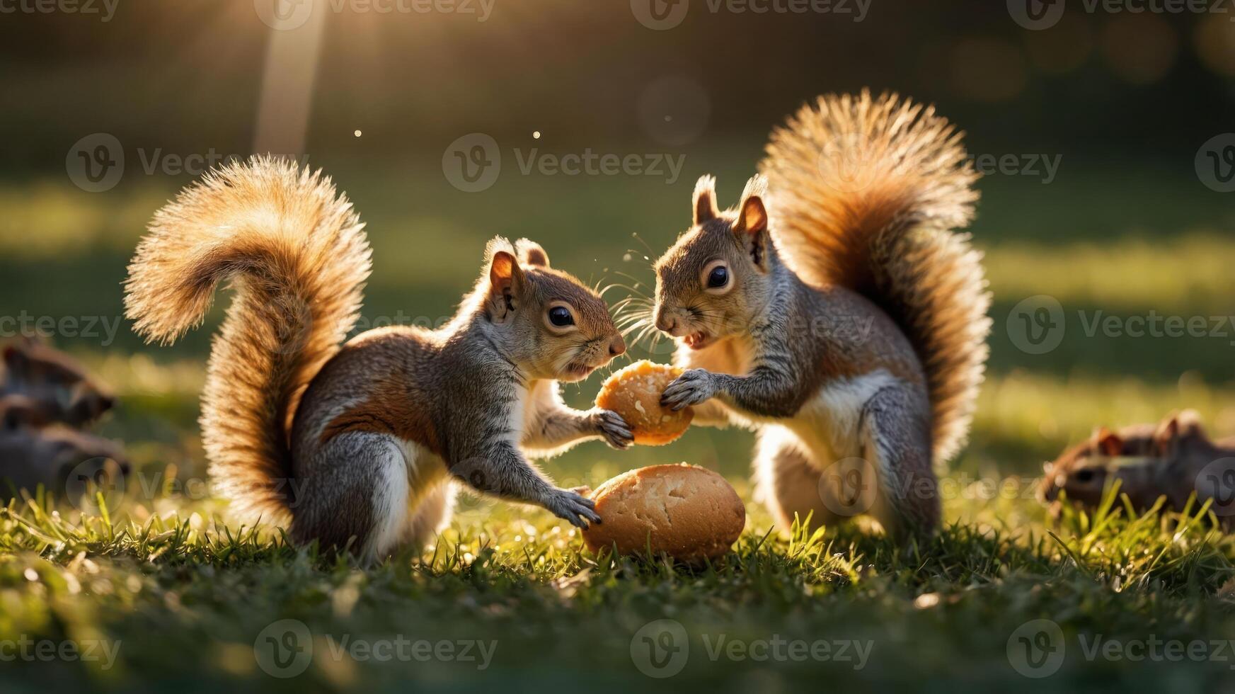 Two squirrels playfully sharing an acorn in a sunlit grassy setting. photo