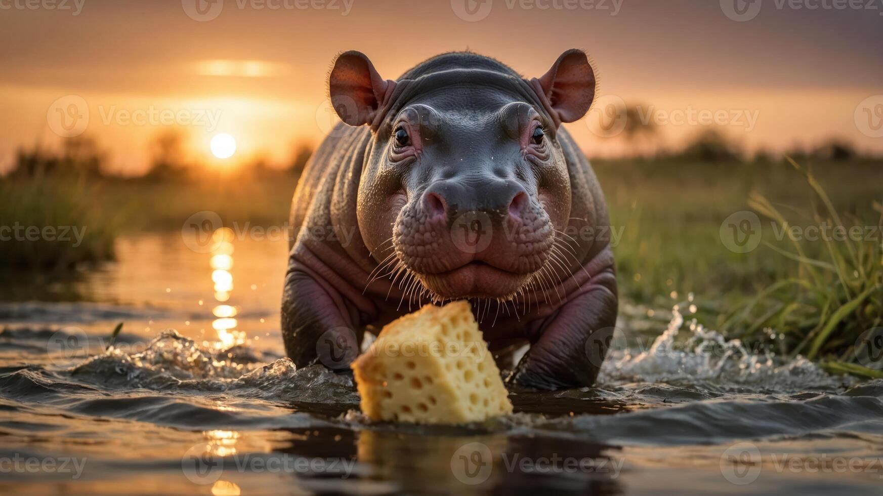 A young hippopotamus playfully carries a piece of cheese in a serene water setting at sunset. photo