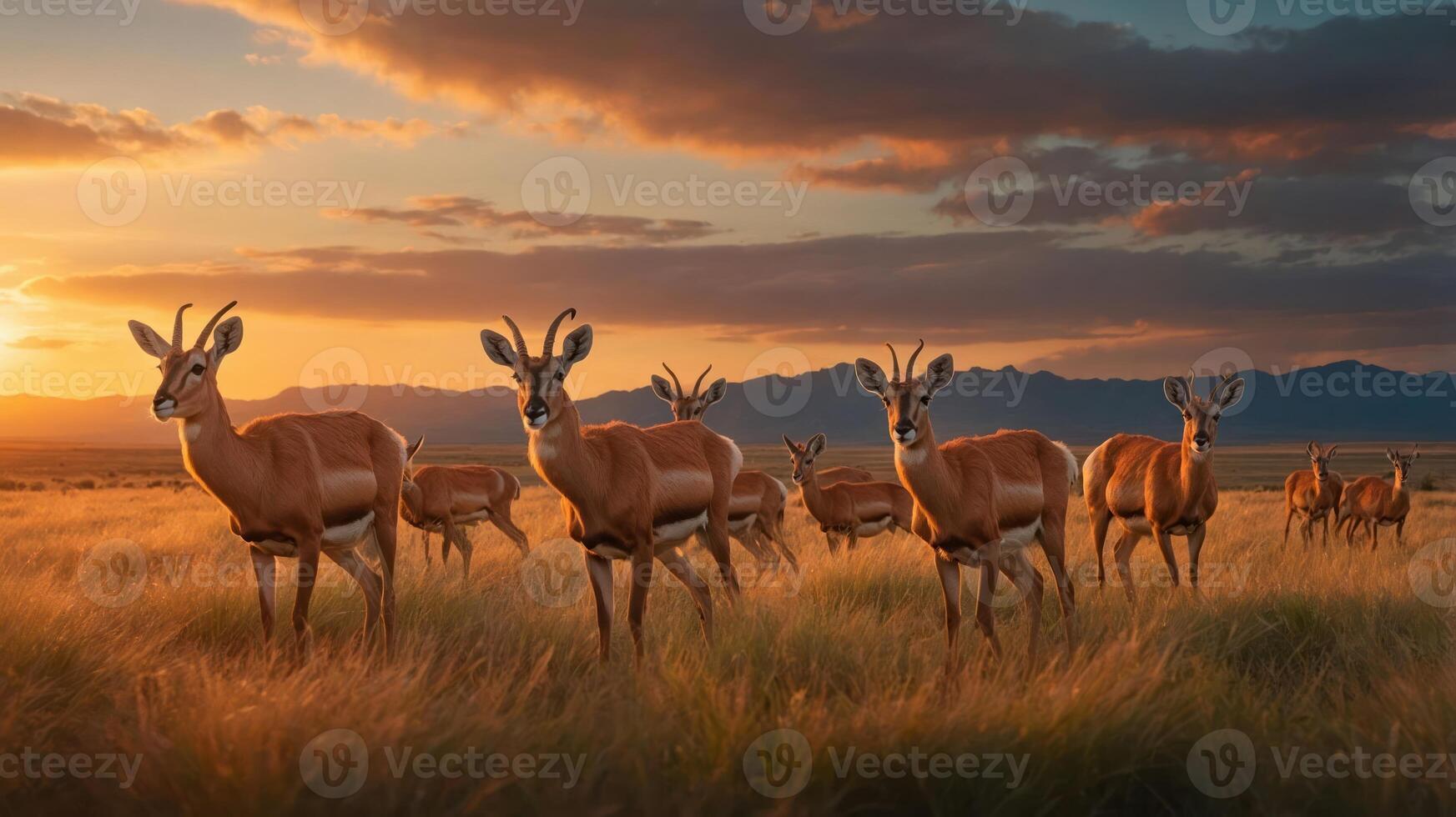 A herd of antelopes grazing in a golden field during sunset with mountains in the background. photo