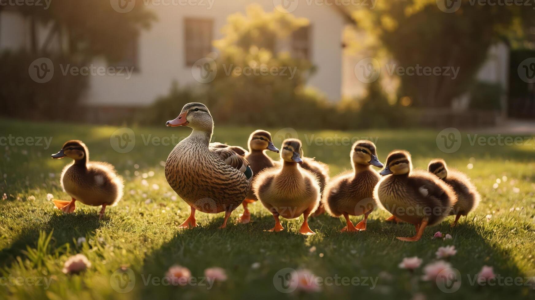 A mother duck leads her ducklings across a sunlit lawn, surrounded by flowers. photo