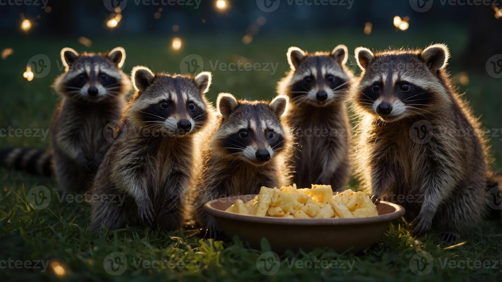Five raccoons gathered around a bowl of food in a natural setting. photo