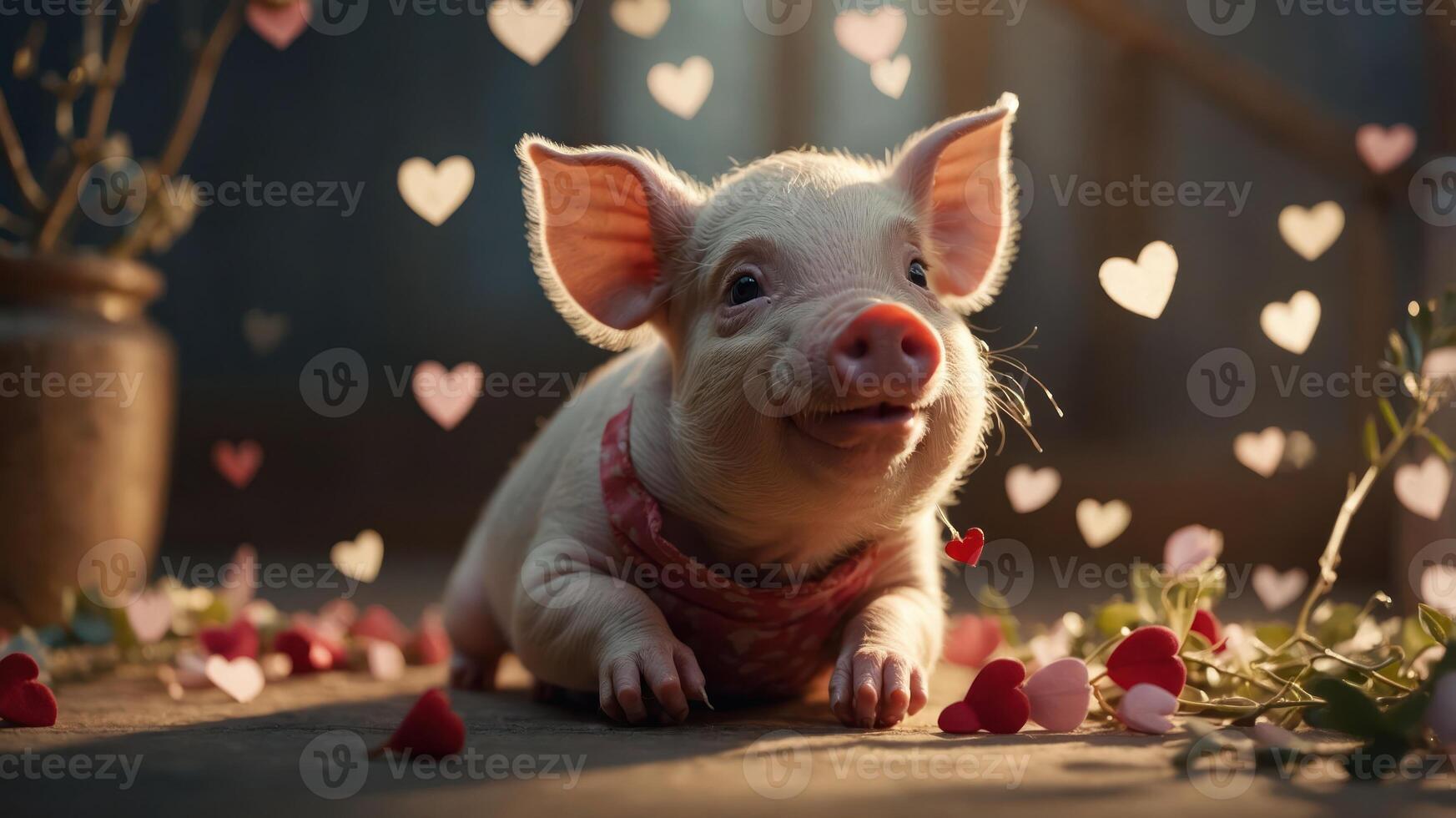 A cute piglet surrounded by hearts and flowers, evoking a joyful and loving atmosphere. photo