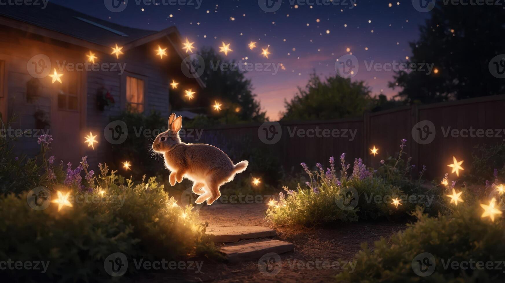 A whimsical scene of a rabbit leaping among glowing stars in a garden at dusk. photo