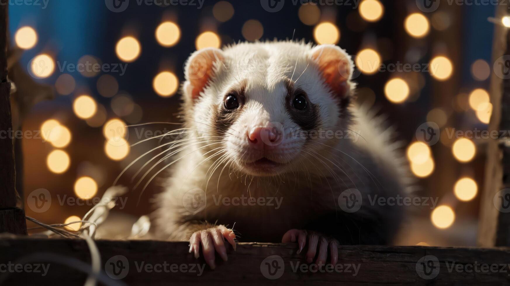 A close-up of a ferret with a soft expression against a backdrop of warm, glowing lights. photo