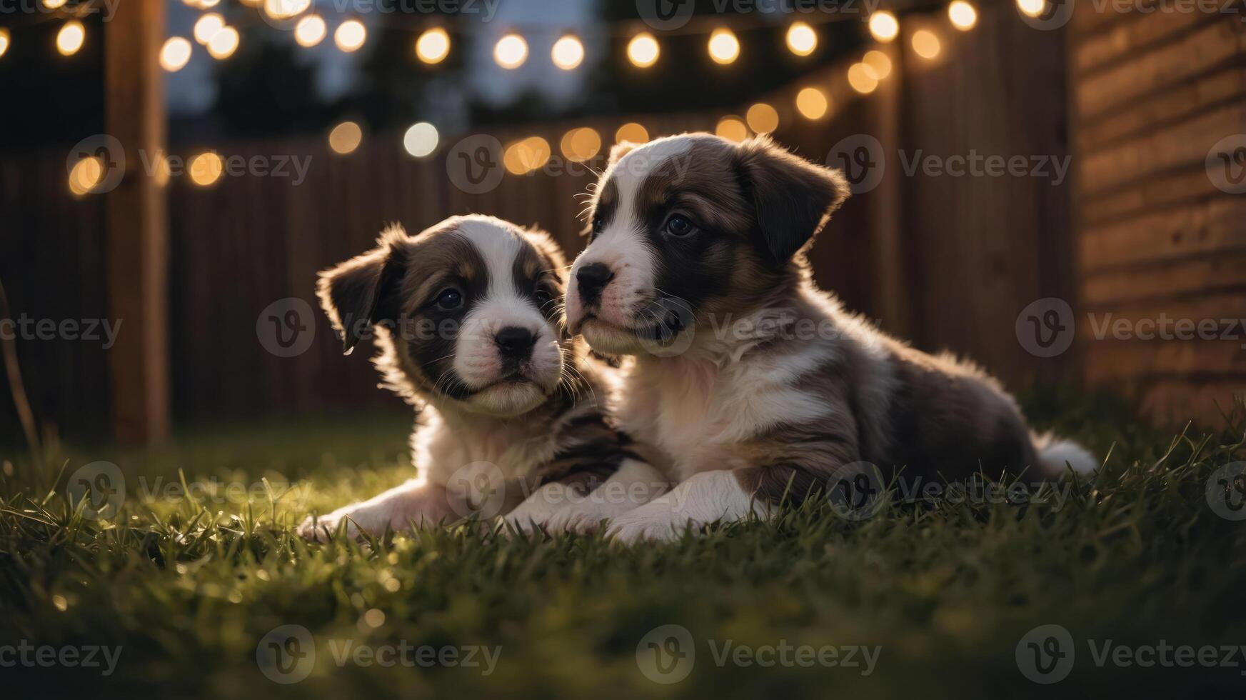 Two adorable puppies lying on grass, illuminated by string lights in a cozy outdoor setting. photo