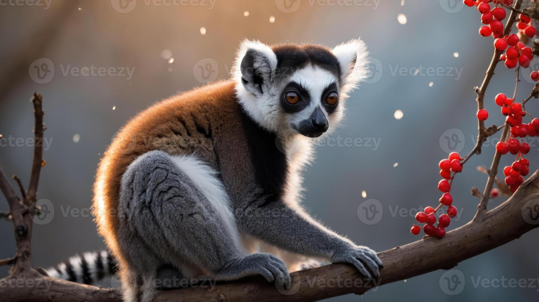 A lemur perched on a branch with red berries, illuminated by soft, warm light. photo