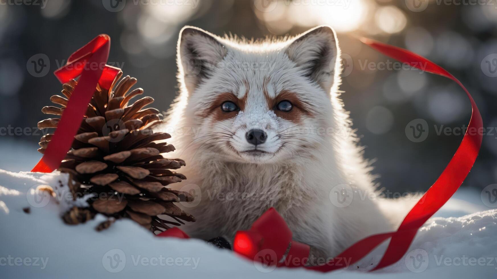 A fox surrounded by snow, a pine cone, and a red ribbon, evoking a festive atmosphere. photo