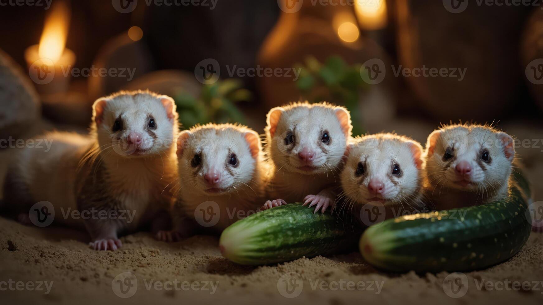 Five adorable ferrets playfully posed with cucumbers in a cozy, warm setting. photo