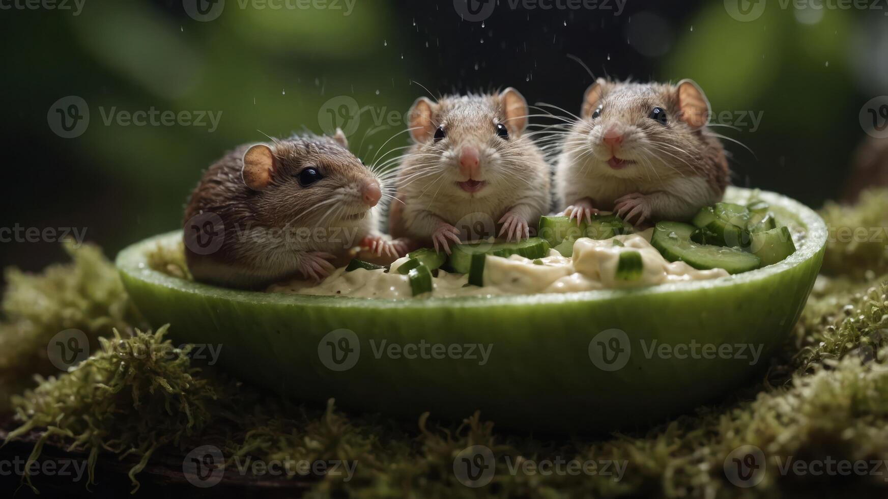 Three small rodents sitting in a hollowed melon, surrounded by cucumber slices. photo