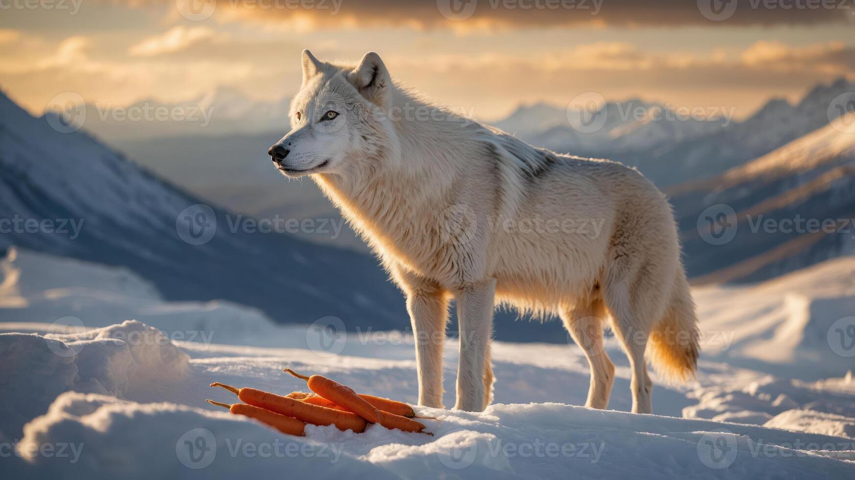 A majestic white wolf stands on snowy terrain, with carrots nearby under a dramatic sky. photo