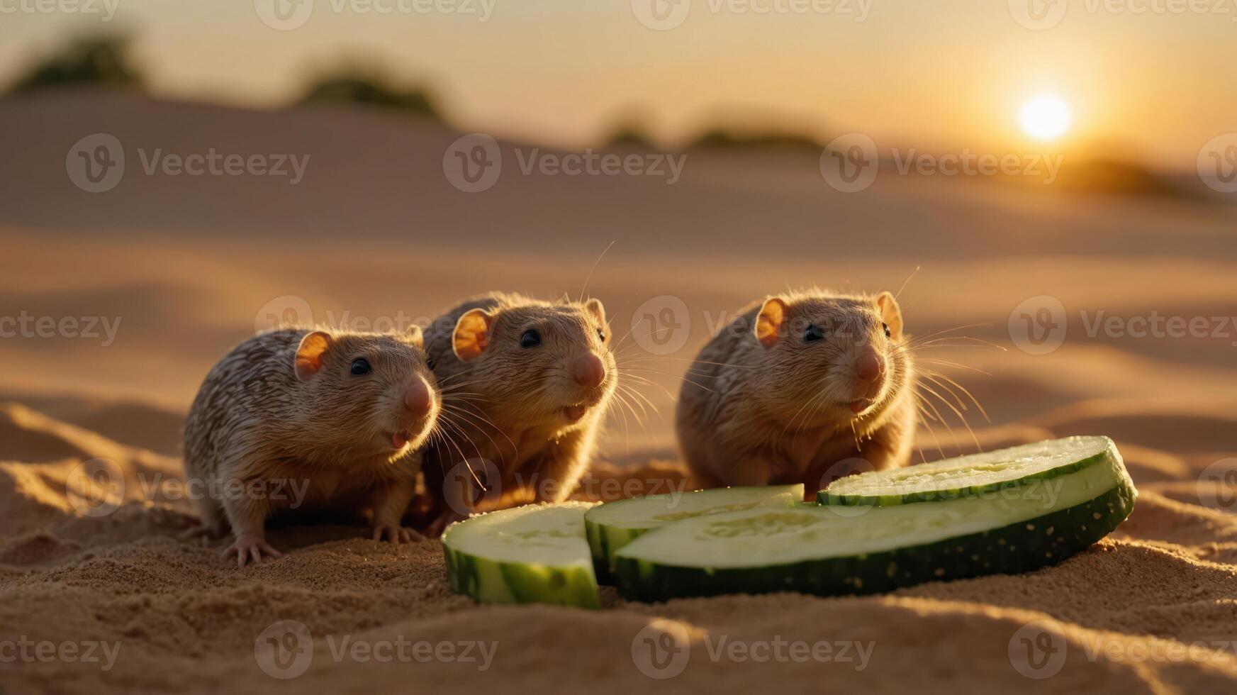Three small rodents enjoying cucumber slices at sunset in a sandy environment. photo